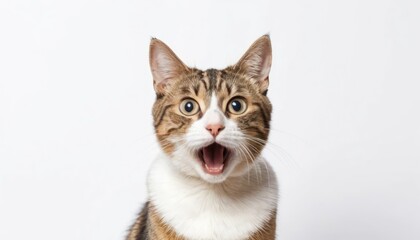 Surprised or Curious Cat with Its Mouth Open on a White Background