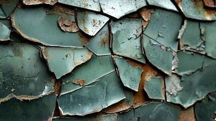 Close-up of weathered paint peeling from an old surface, revealing rust and texture underneath