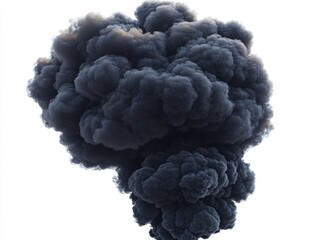 Dense dark smoke plume isolated on white.