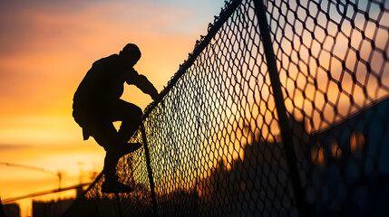 Intruder's silhouette scaling a chain-link fence at dusk by industrial buildings, evoking tension and intrigue