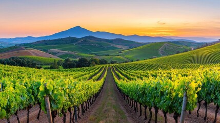 Fototapeta premium Scenic vineyard landscape at sunset with rolling hills.