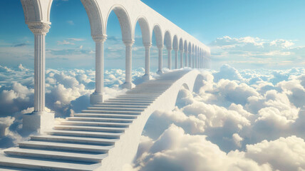 Staircase portal clouds stairway to light. A surreal staircase leads to arches above fluffy clouds.
