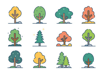 Trees Icon in flat style collection. Botanical set of trees color. Different type of tree isolated on white background. Design element. Vector illustration.