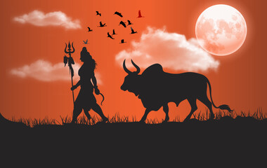 Hindu Festival Maha Shivratri Illustration Design with Lord Shiva and Nandi Shiva's mount , Happy Maha Shivratri.