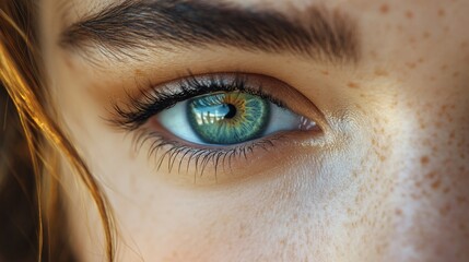 Fototapeta premium Close-up of a mesmerizing green eye with freckles