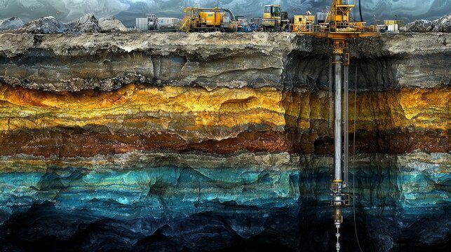 A detailed cross-section of the Earth showing layers of soil, rock, and an oil drilling rig extracting resources.