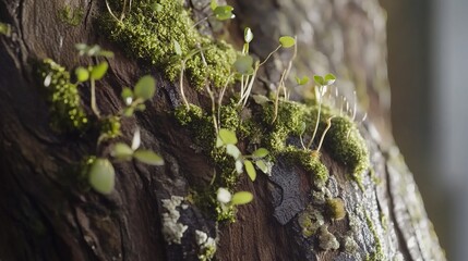 Close-up of moss and tiny plants growing on tree bark.
