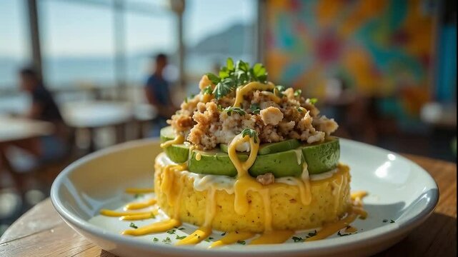 Causa lime&ntilde;a con aguacate y pollo en restaurante con vista al mar