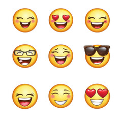 Fototapeta premium Happy emojis expressing various emotions like joy, love, and excitement. These symbols convey feelings through cheerful faces, perfect for digital communication