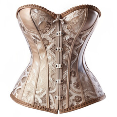 Exquisite vintage-style corset with intricate gold floral lace and button details, isolated on white for fashion or lingerie branding.