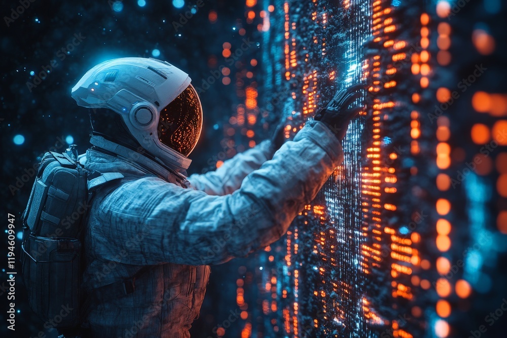 Poster An astronaut in a futuristic suit interacts with a glowing digital wall in space, symbolizing the connection between humanity and advanced technology.