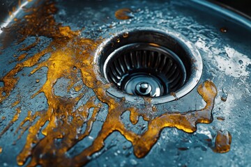 A sink with a drain that is covered in oil and grease