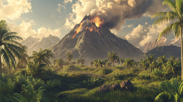 Prehistoric jurassic period landscape with volcanic eruption. Cartoon vector illustration scenery with active volcano mountain with gases smoke cloud , rocks, green palm trees, grass and plants.