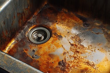 A dirty sink with a rusty drain