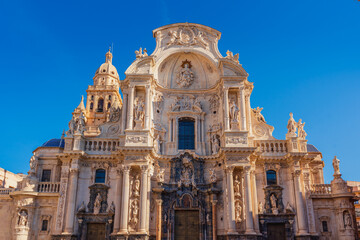 Obraz premium Front view of the facade in baroque-style of the Roman Catholic Cathedral of Murcia in Spain