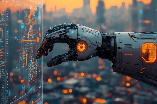 A robotic hand engages a sophisticated digital interface, illustrating the blend of artificial intelligence and cutting-edge technological advancements.