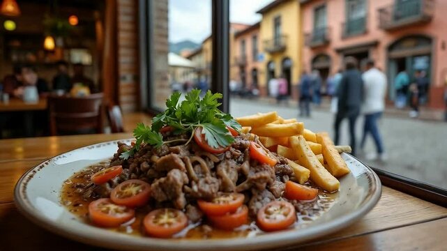 Lomo saltado con papas fritas en restaurante con vista a la ciudad colonial
