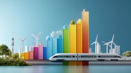 A colorful bar graph showing environmental benefits of rail transport systems