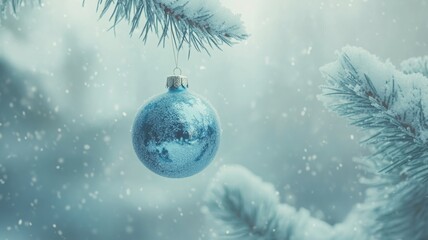 Serene Winter Scene: Blue Ornament on Snowy Pine Branch
