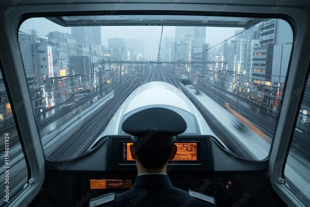 Aufkleber view from inside a speeding bullet train through the driver's cabin, capturing the fast-paced and th