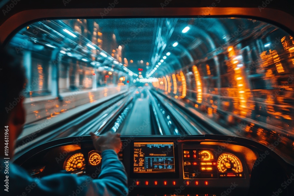 Aufkleber Inside a subway train, the conductor’s view through a blurred tunnel illuminated with lights captures the dynamic and fast-paced urban commuting experience.