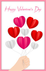 valentines day card, hand holding bouquet of hearts in paper cut style