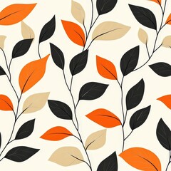 Abstract Botanical Pattern Featuring Leaves in Shades of Orange, Black, and Beige on a Light Background for Modern Design Projects