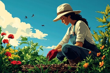 A dedicated gardener kneels as she plants vegetables in a field, wearing overalls and a wide-brimmed hat against a clear blue sky, embodying hard work and care.