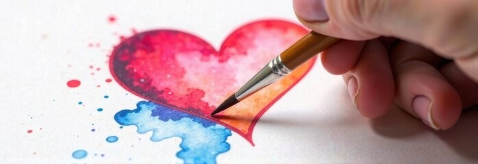 hands hold brush and paint heart on paper with watercolors, banner