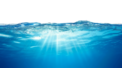 Clear blue ocean water surface reflecting light, isolated on white background