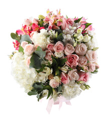 Bouquet of beautiful flowers isolated on white, top view