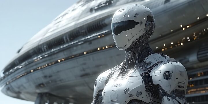 Futuristic robot near spaceship.