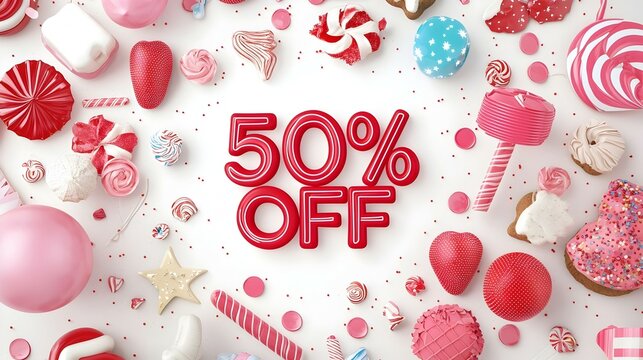 Bright and Cheerful Sale Announcement, vibrant red typography highlights a festive discount, inviting shoppers with an energetic design.