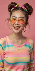 Fototapeta premium Cheerful young woman in fashionable clothes laughing on a bright clean background, showing a joyful expression on her face.