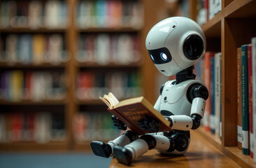 robot ai sits on a shelf in the library and reads a book. Concept of text generation, AI training and information systematization
