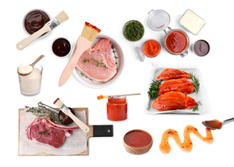 Marinade sauces and different types of marinated meat on white background, collage