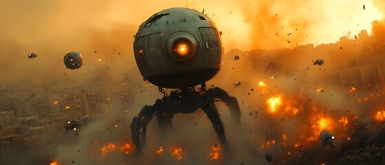 Robotic war machine amidst fiery urban destruction.