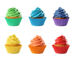 Tasty cupcakes with cream isolated on white, set