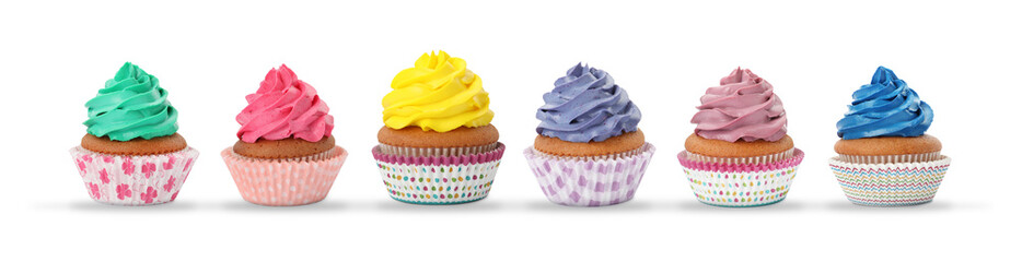 Tasty cupcakes with cream isolated on white, set