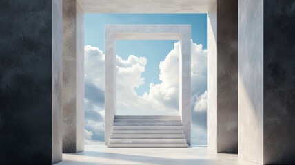 Staircase portal clouds stairway to light. Open architectural space with multiple frames leading to a cloudy sky.