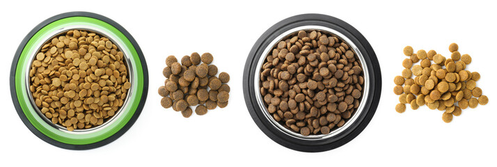 Dry pet food for dogs isolated on white, top view