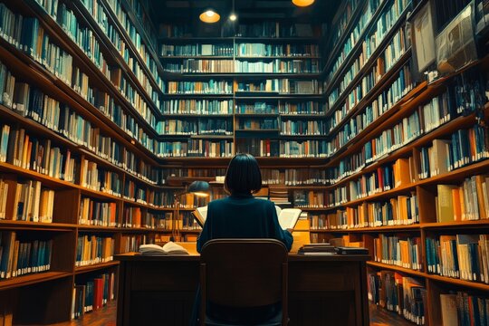 A single reader is engrossed in a book at a desk within a large library, bathed in warm ambient light and surrounded by an impressive collection of bookshelves.