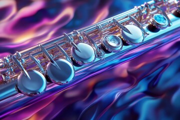 Obraz premium A silver flute is shown in a purple and blue background