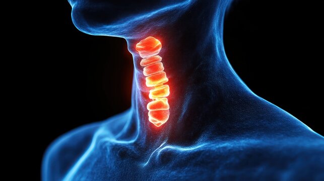Anatomical illustration of a human neck highlighting the cervical spine with glowing vertebrae against a dark background