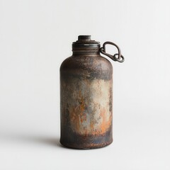 Rustic metal bottle, studio shot, white background, vintage