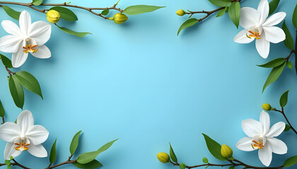 Obraz premium Orchid floral frame with white flowers and green leaves on a light blue background