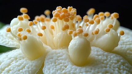 Close-up of a creamy white flower's reproductive parts.