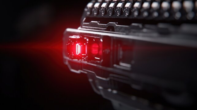 A close-up view of a futuristic weapon featuring a red laser light, emphasizing its sleek design and technological features.