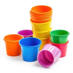 Colorful plastic pots, stacked, white background, gardening