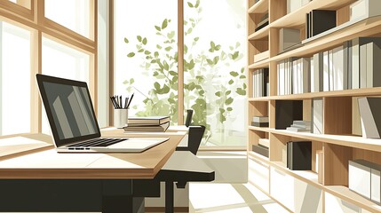 Sunlit home office with laptop, bookshelves, and large window.